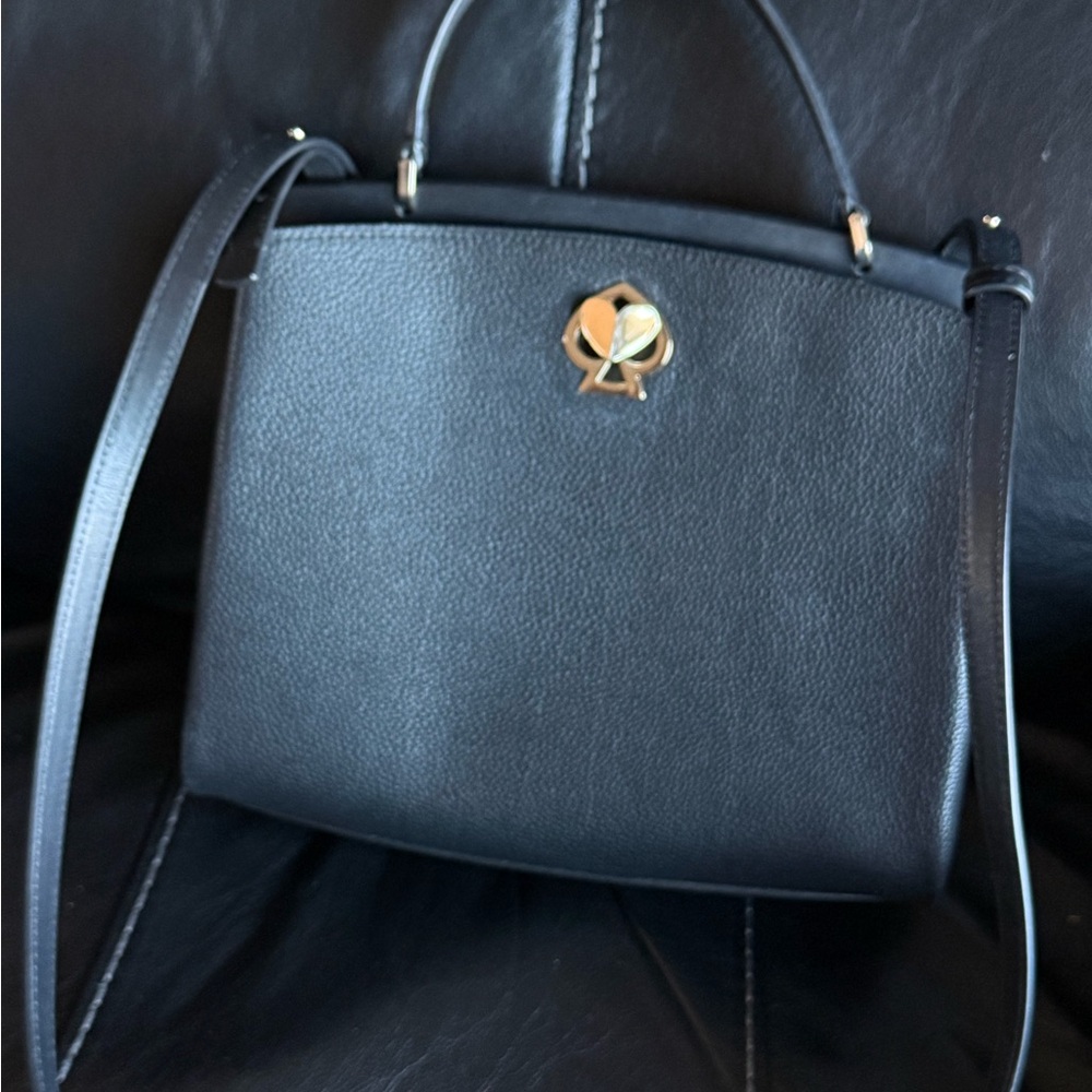 kate spade Black Pebbled Leather Top-Handle Satchel with Gold Emblem